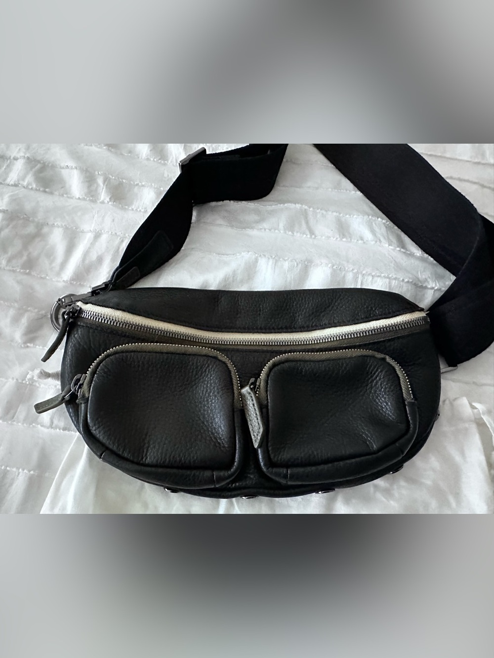 Women’s Charles Belt Bag - Black with silver hardware and army green trim.  NWOT